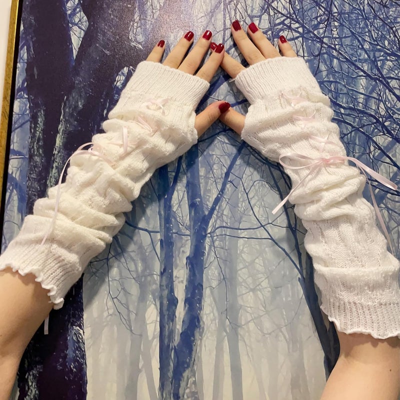 DUNKOING Cute Y2K Arm Warmers Kawaii Knitted Wrist Warmers Long Japanese Harajuku Goth Fingerless Sleeve for Women Girls - Image 5